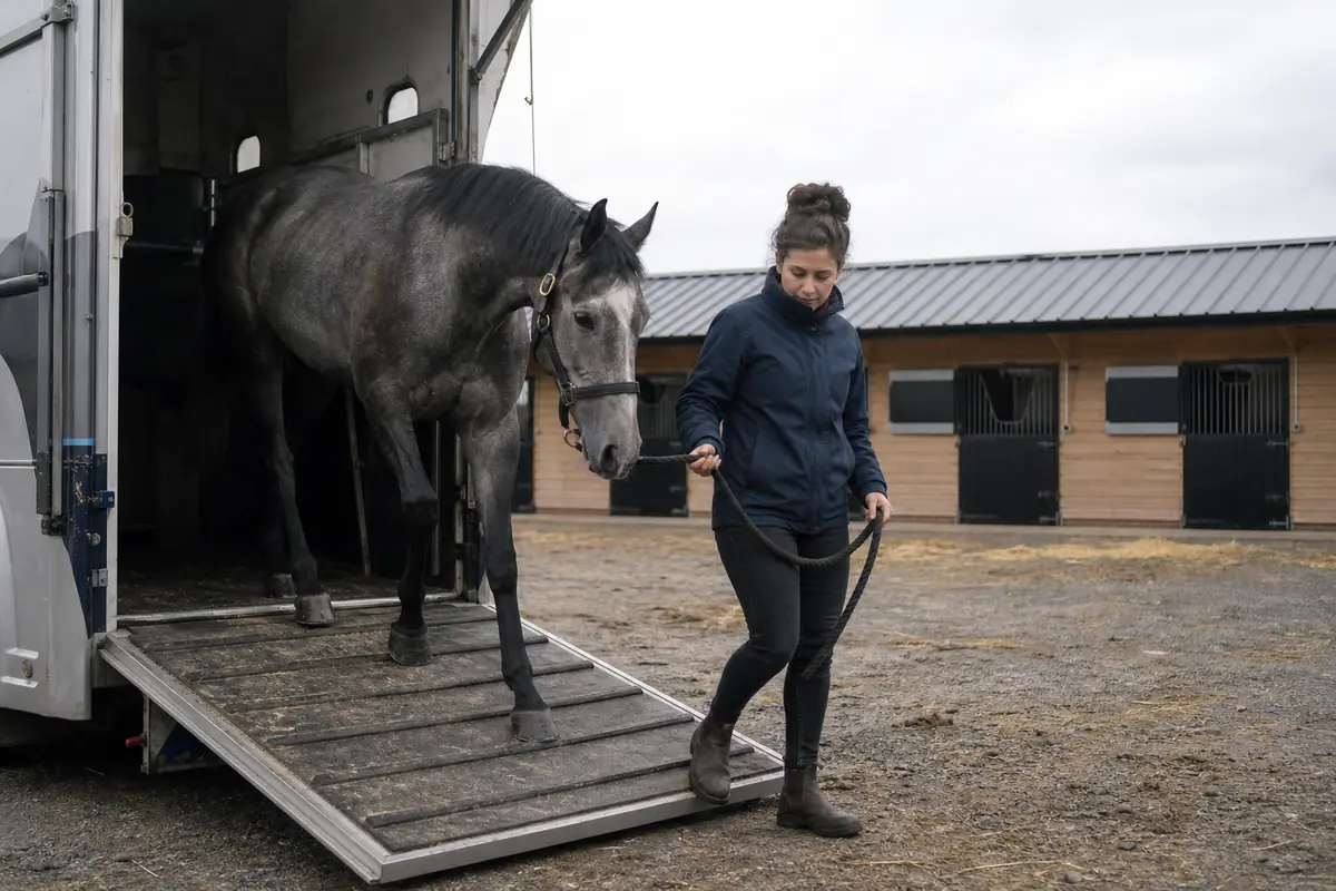 Un cheval descend d'un van devant une nouvelle écurie