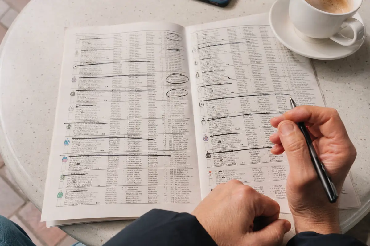 Programme de courses avec plusieurs noms de chevaux barrés au stylo