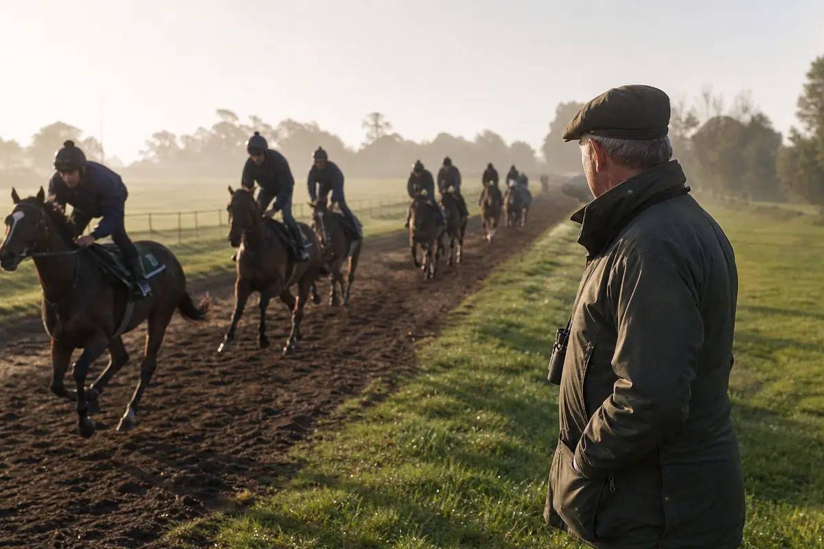 Entraîneur qui observe ses chevaux au travail un matin brumeux