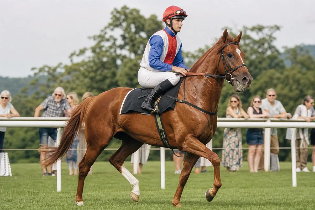 Cheval de course au poil brillant qui trotte avec énergie à l'échauffement