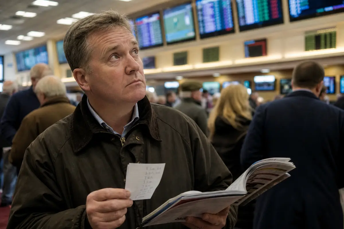 Un parieur compare sa liste de chevaux avec les cotes affichées