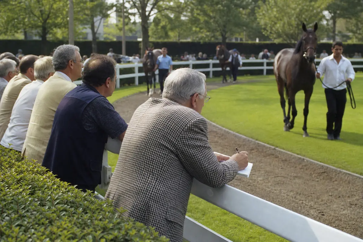 Spectateurs qui observent attentivement les chevaux tourner au rond de présentation
