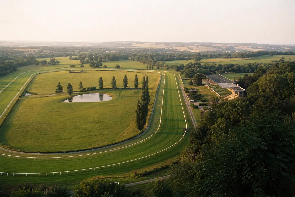 Vue aérienne d'un hippodrome avec sa piste ovale et ses tribunes