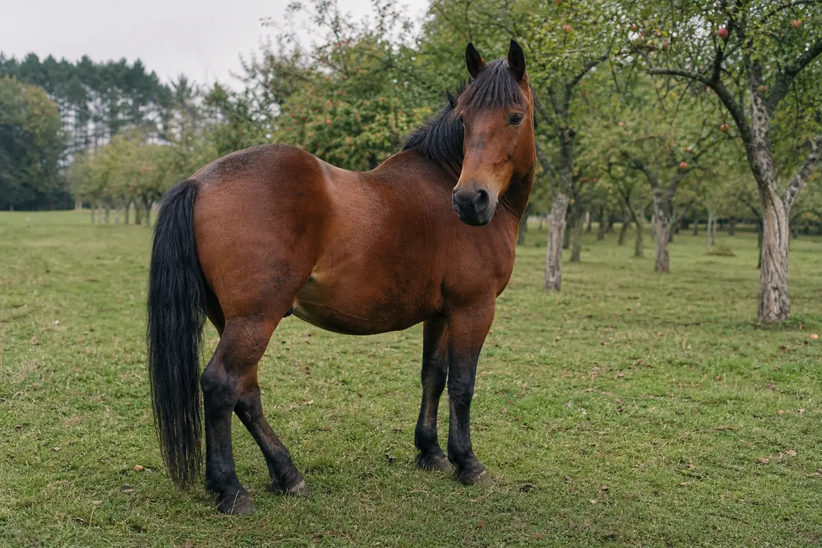 Trotteur français au pré, robuste et calme, en Normandie