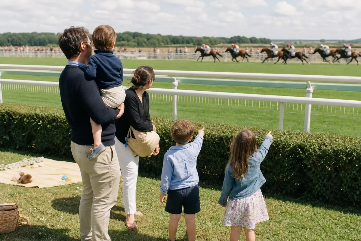 Famille sur la pelouse d'un hippodrome regardant passer les chevaux