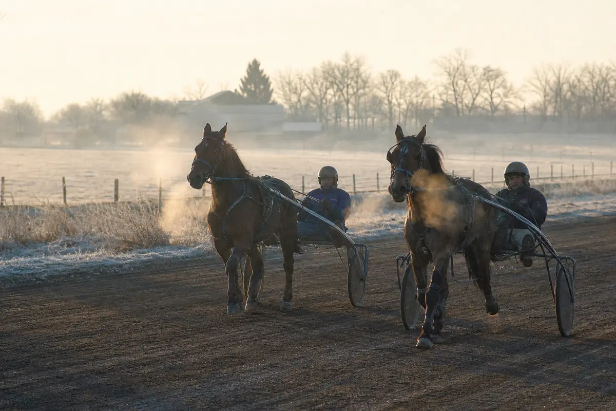 Trotteurs à l'entraînement sur une piste givrée un matin d'hiver