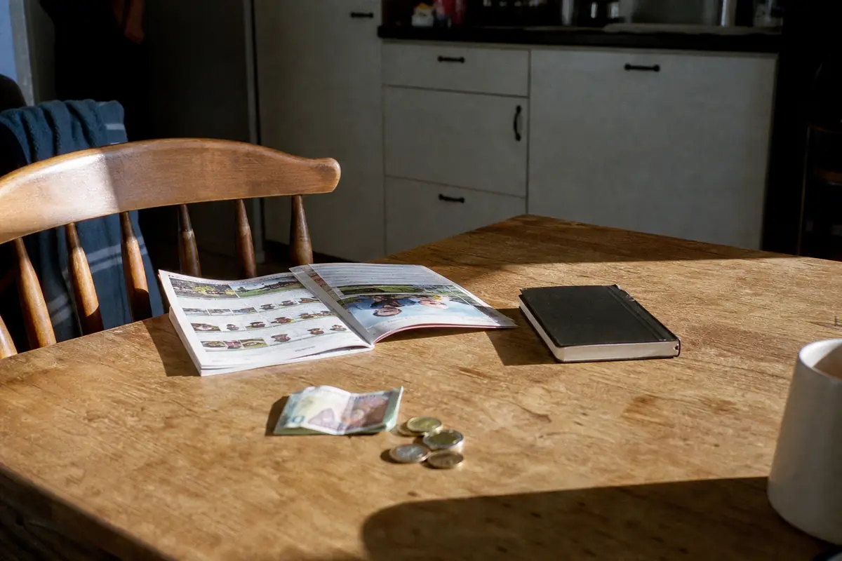 Quelques billets et pièces posés à côté d'un programme de courses et d'un carnet