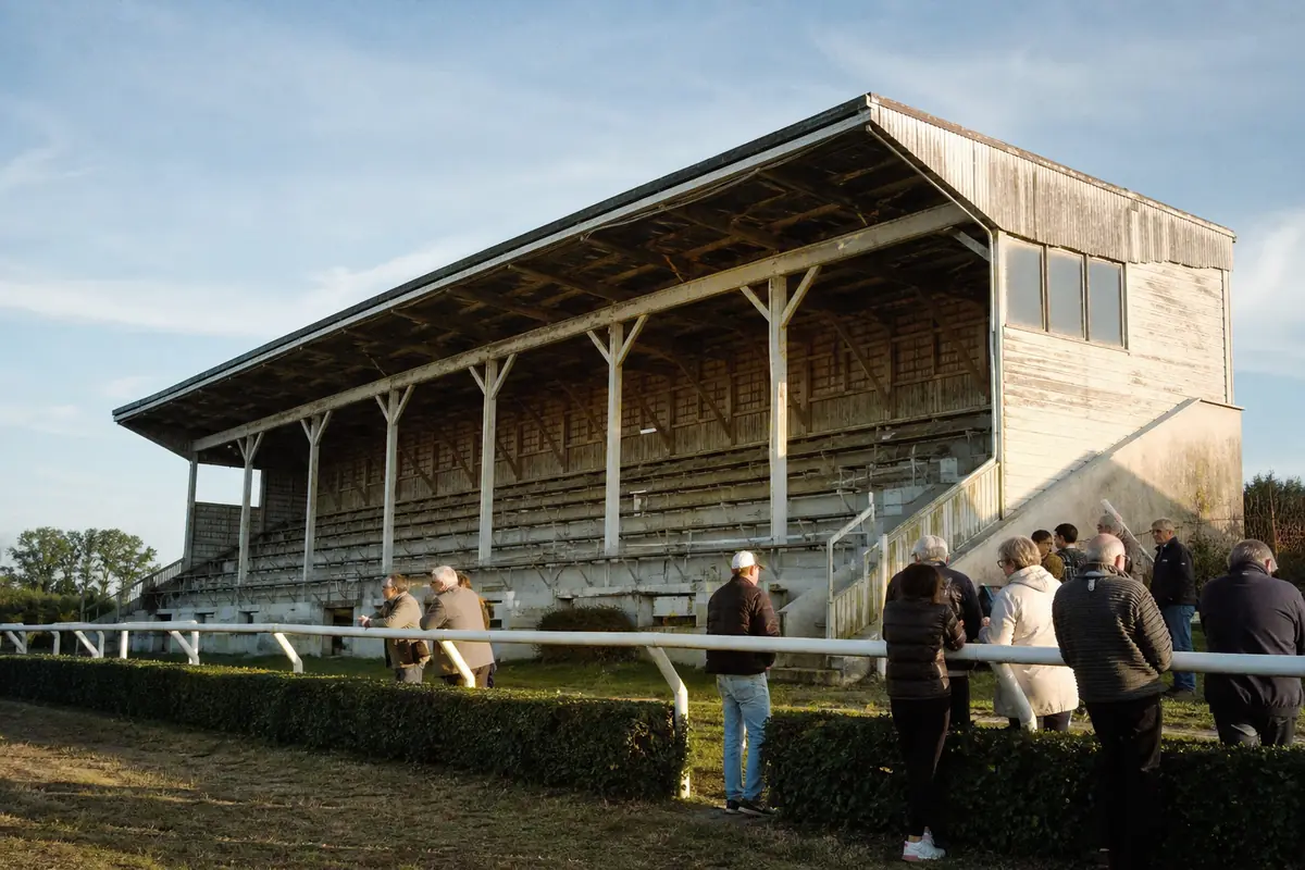 Ancien hippodrome avec ses tribunes en bois et des spectateurs en tenue d'époque