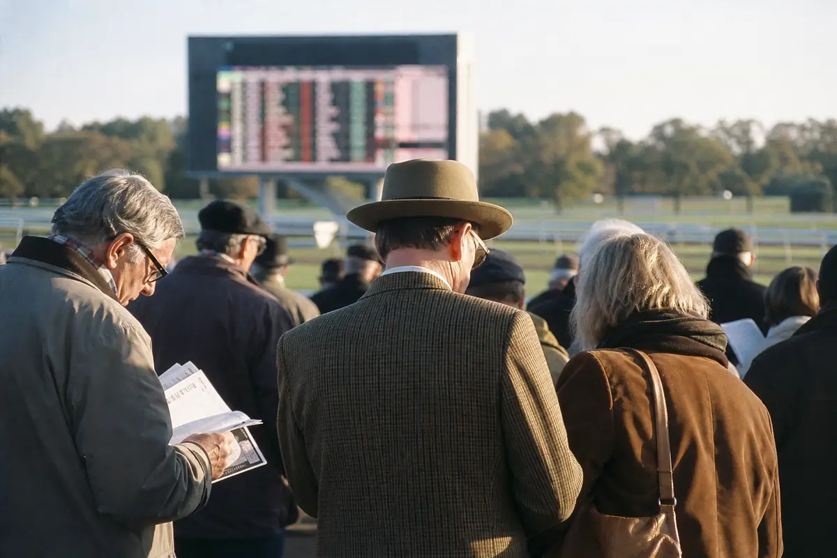 Tableau d'affichage d'un hippodrome et tribune avant le départ d'une course