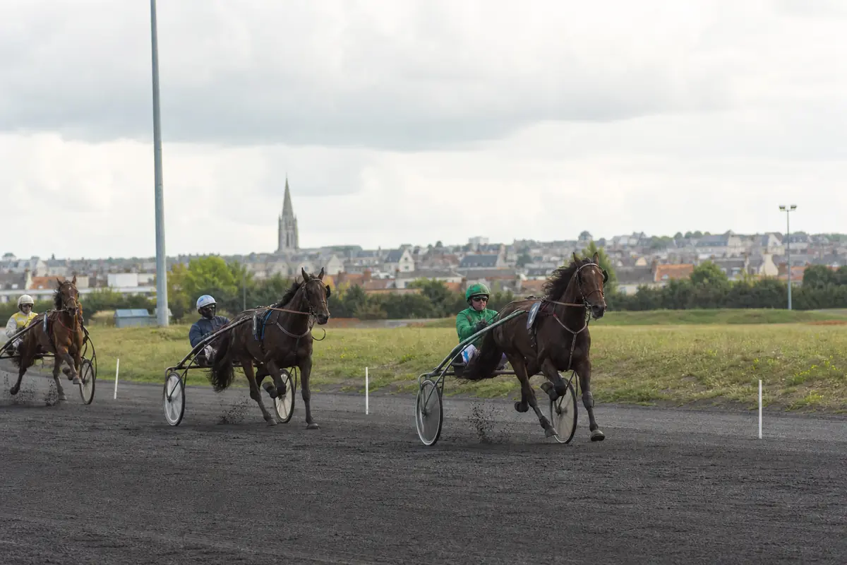 Trotteurs attelés en course sur un hippodrome urbain en Normandie