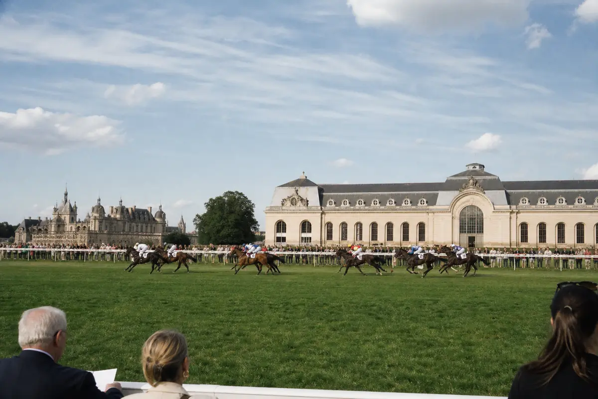 Chevaux de plat devant un château et de grandes écuries historiques