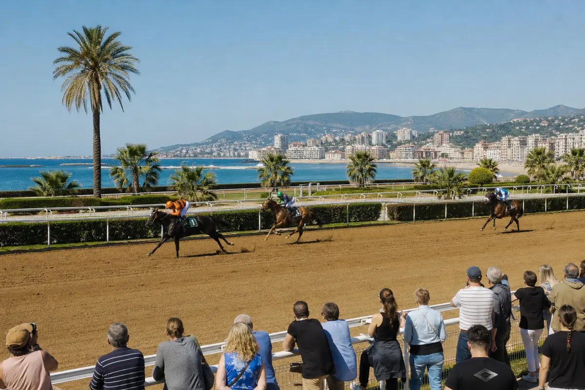 Course de chevaux sur un hippodrome méditerranéen près de la mer