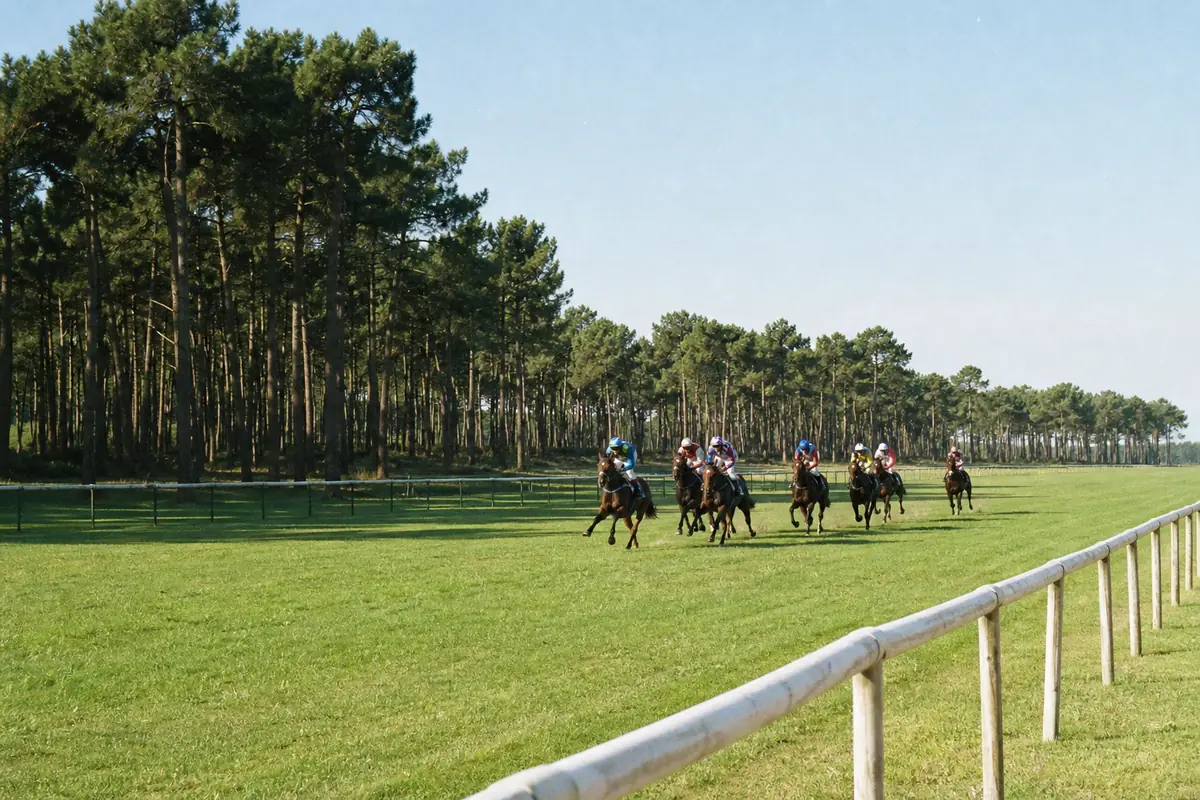 Petit peloton de chevaux de galop entouré de pins dans les Landes