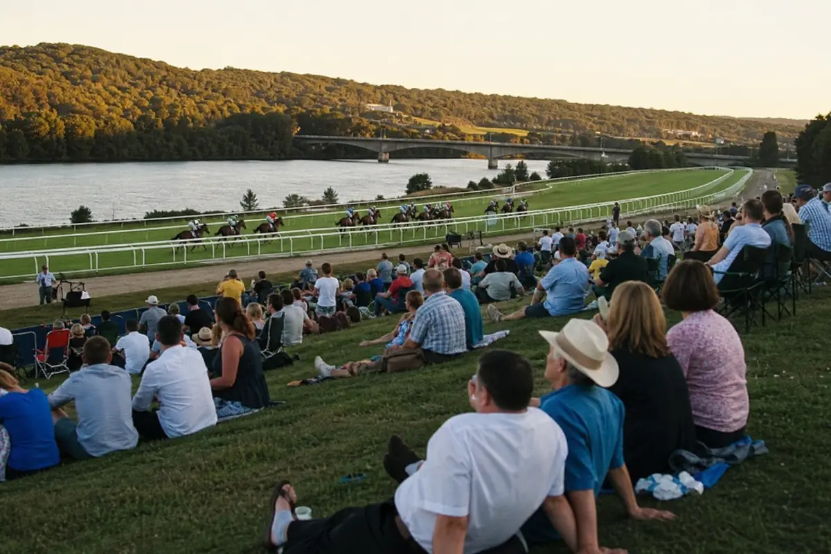 Hippodrome au bord d'une rivière un soir d'été avec des spectateurs