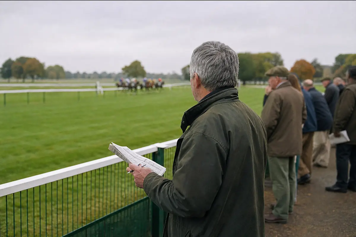 Un turfiste suit une course de galop depuis la lice d'un hippodrome de province, journal à la main
