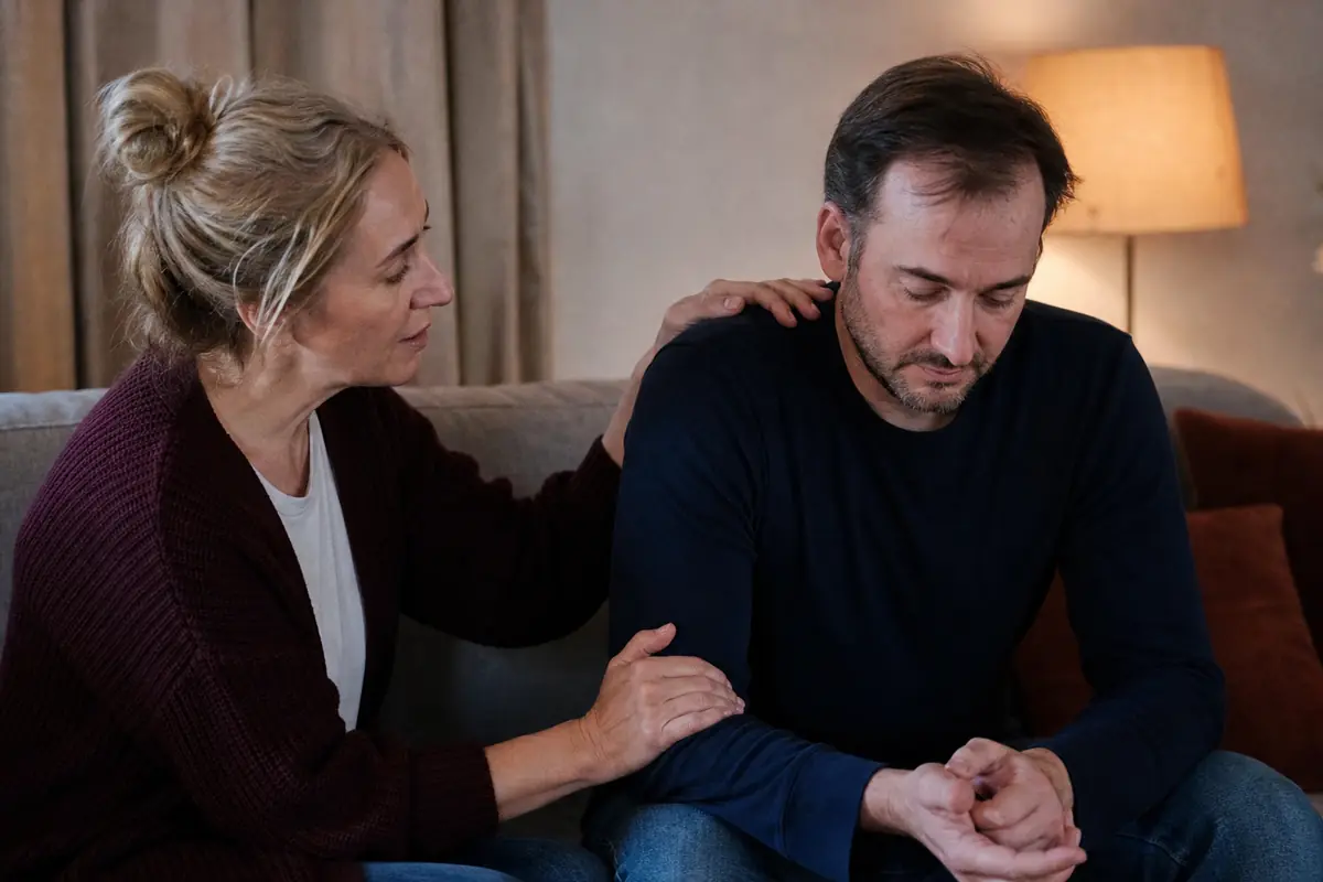 Une femme parle doucement à son compagnon assis sur un canapé