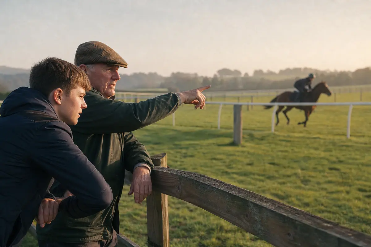 Un adolescent regarde des chevaux à l'entraînement avec son grand-père