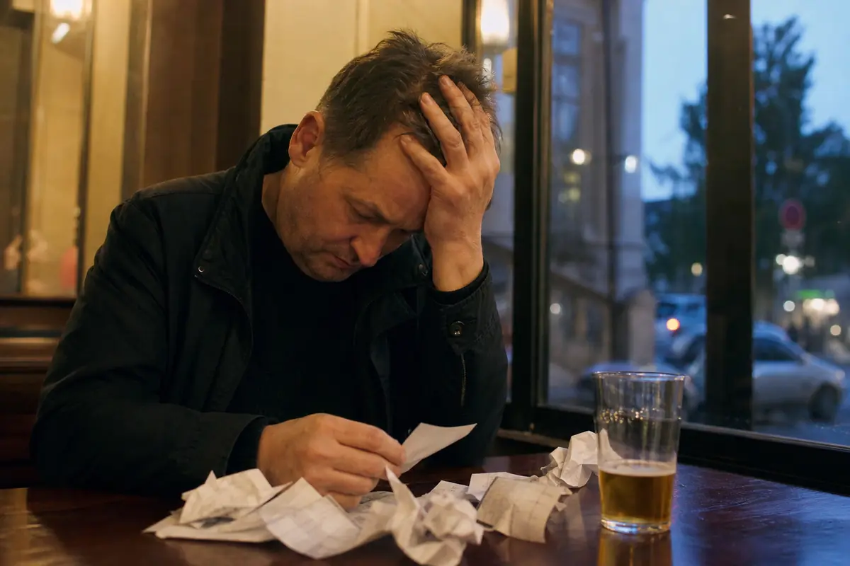 Un homme fatigué se tient la tête devant des tickets perdants
