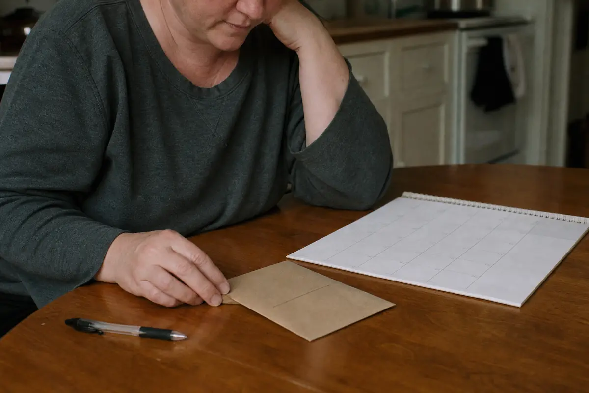 Enveloppe de budget et calendrier posés sur une table de cuisine