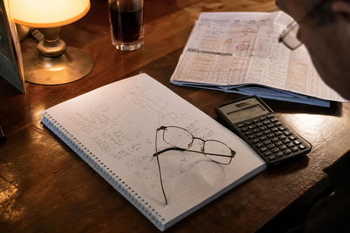 Carnet de calculs et calculatrice sur une table près d'un programme de courses
