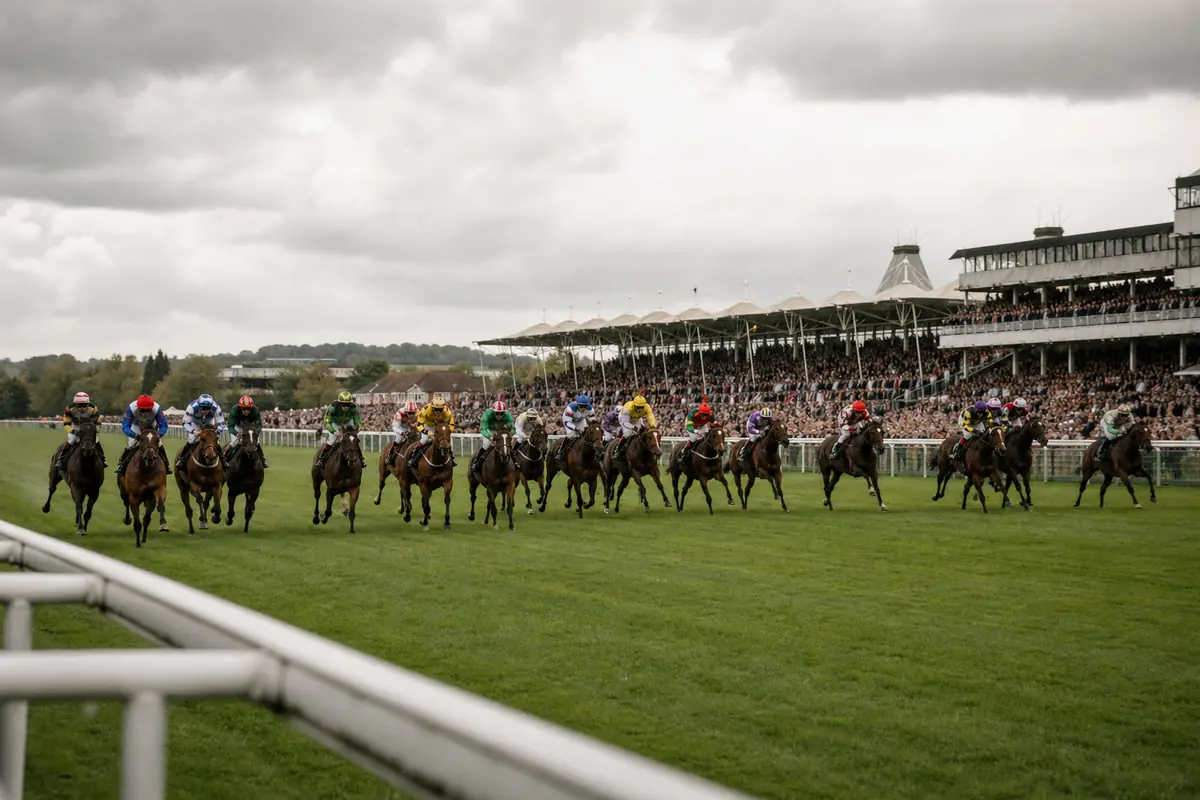 Grand peloton de chevaux de course au départ d'un handicap sur un grand hippodrome