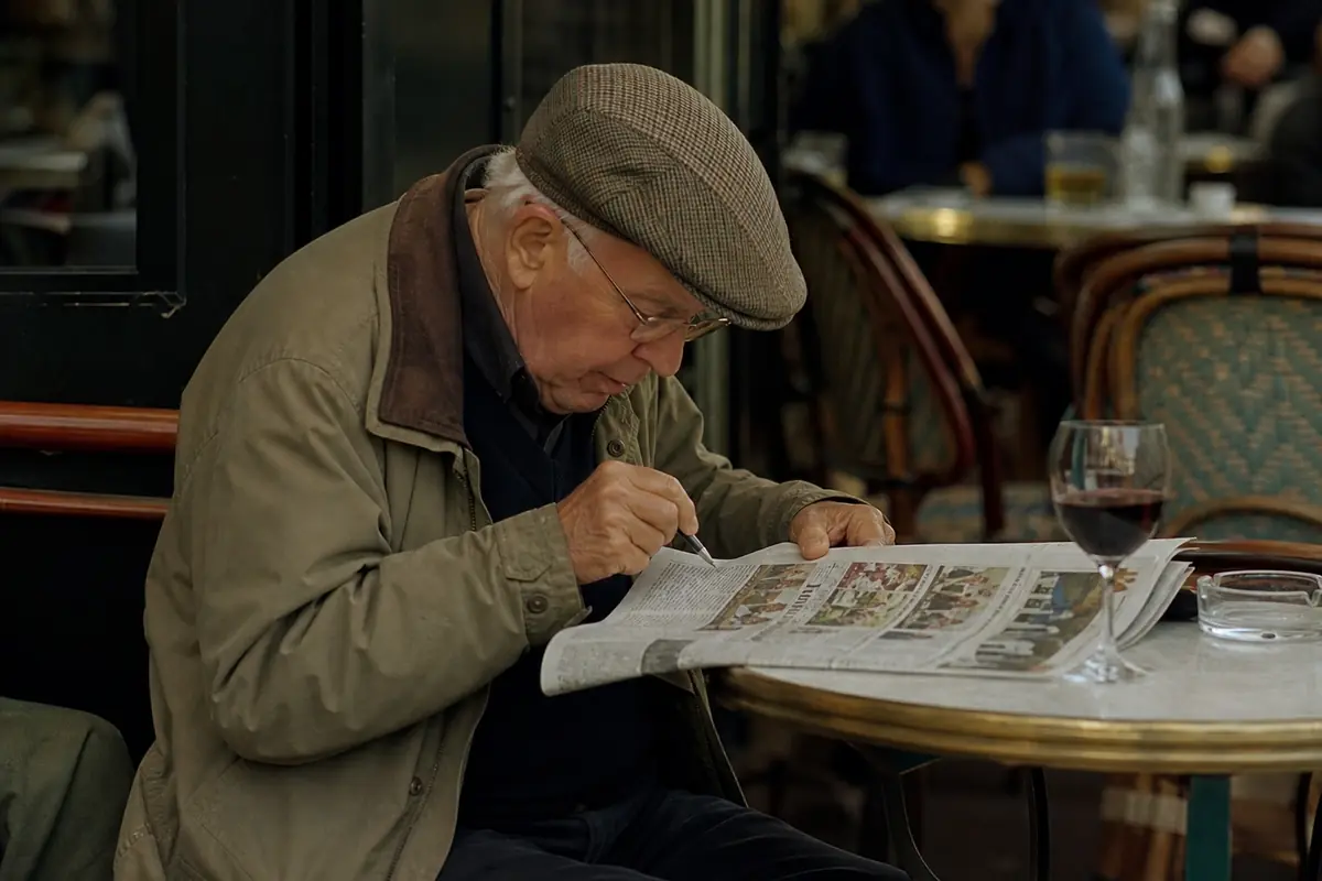 Vieil homme en casquette qui coche des numéros sur un journal hippique au café