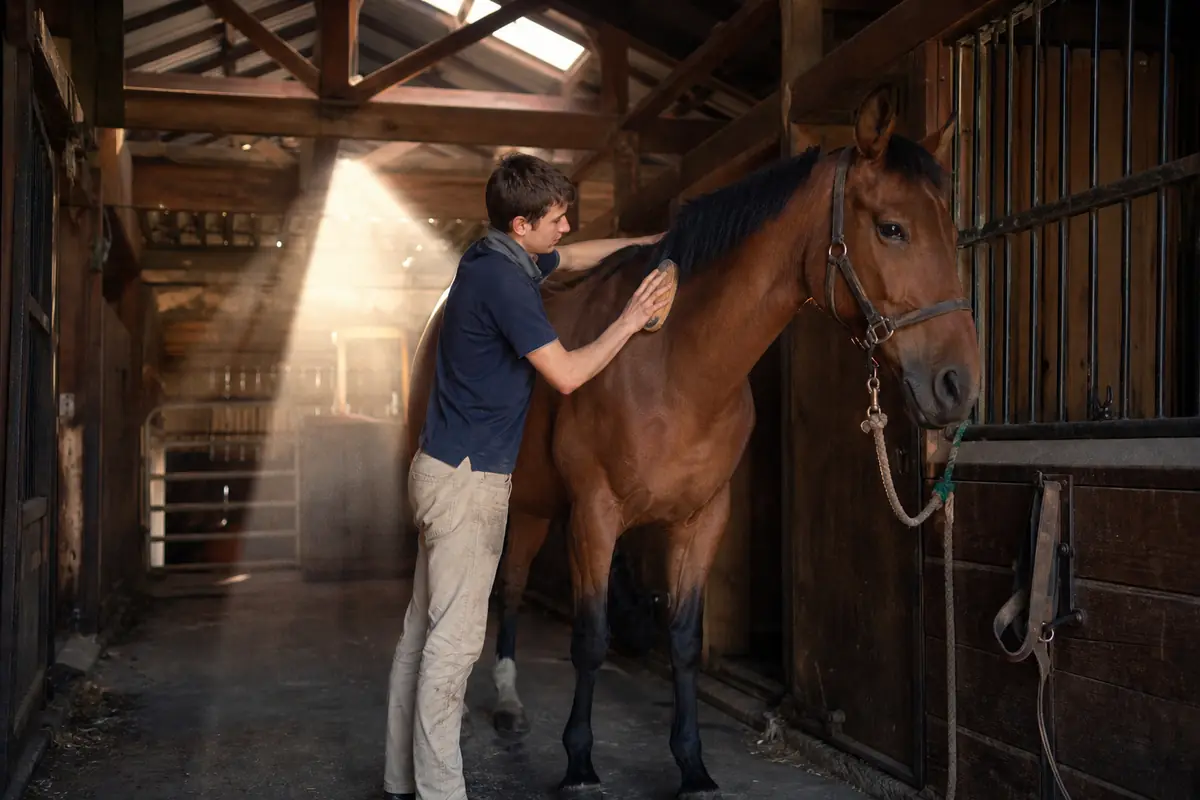 Lad qui brosse un cheval dans une écurie