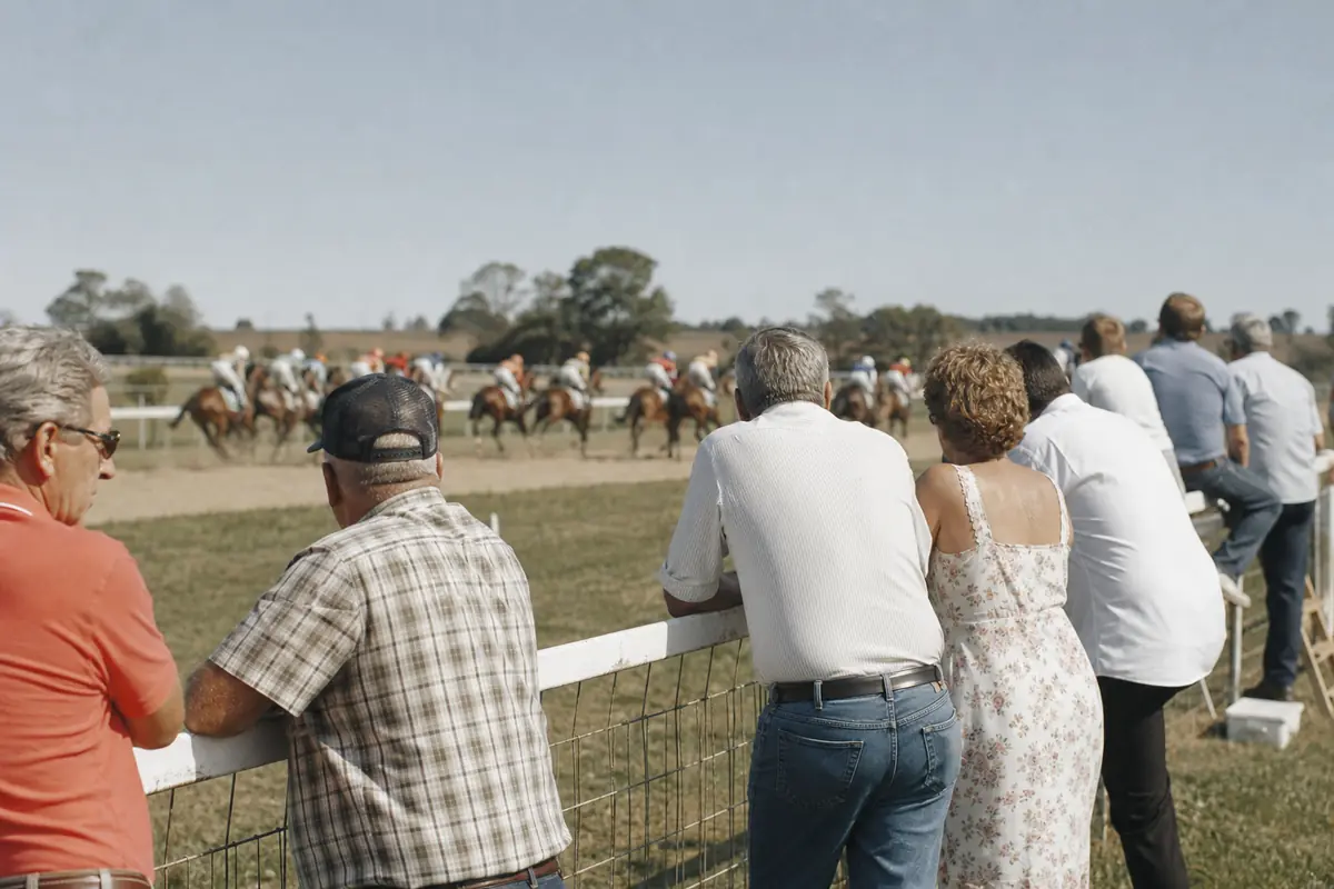 Spectateurs accoudés à la lice d'un hippodrome de province