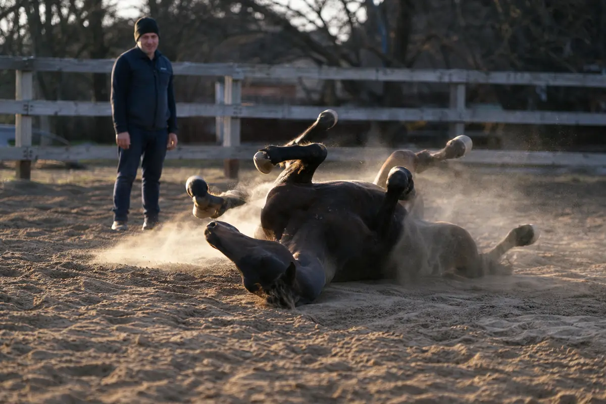 Cheval qui se roule dans le sable au paddock après l'effort