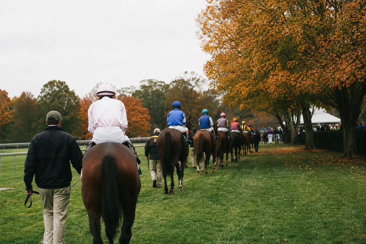 Chevaux qui marchent en file vers le départ sous un ciel d'automne
