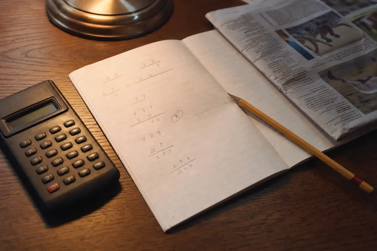 Une calculatrice et un carnet avec une formule écrite à la main