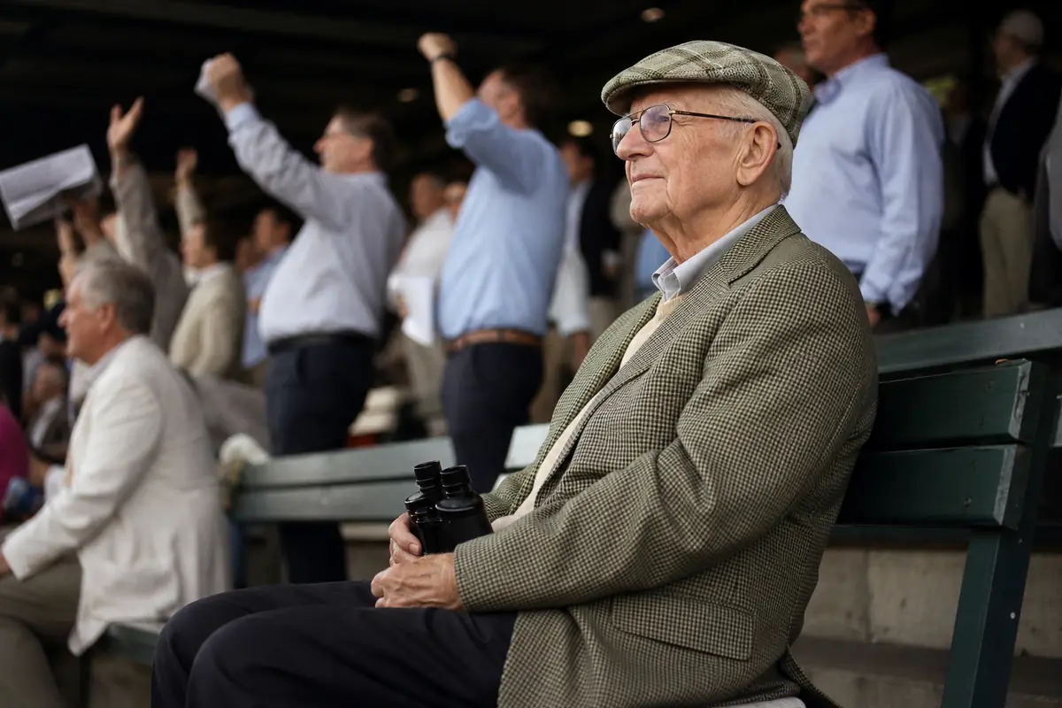 Un homme âgé regarde une course avec sérénité depuis les tribunes