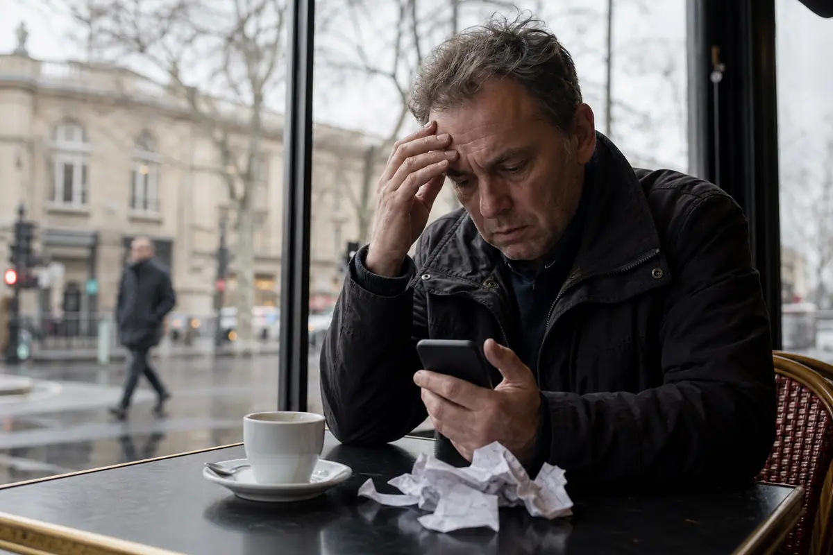 Un homme inquiet regarde son téléphone devant une pile de tickets perdants