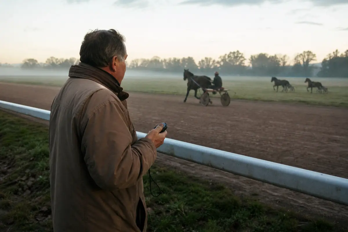 Un connaisseur observe des trotteurs à l'entraînement depuis le bord de la piste